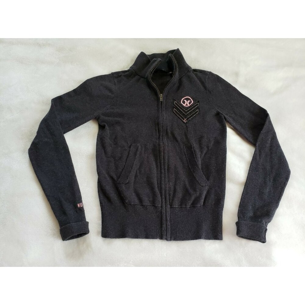 Hurley VTG Jacket Women Size XS Dark Gray Long Sleeve Mock Neck Logo Full Zip